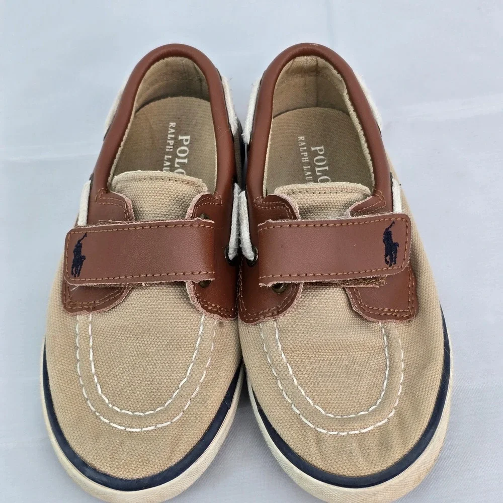 Polo Ralph‎ Lauren Lander EZ Toddler Boat Shoes Tan Canvas Brown Leather Size 9